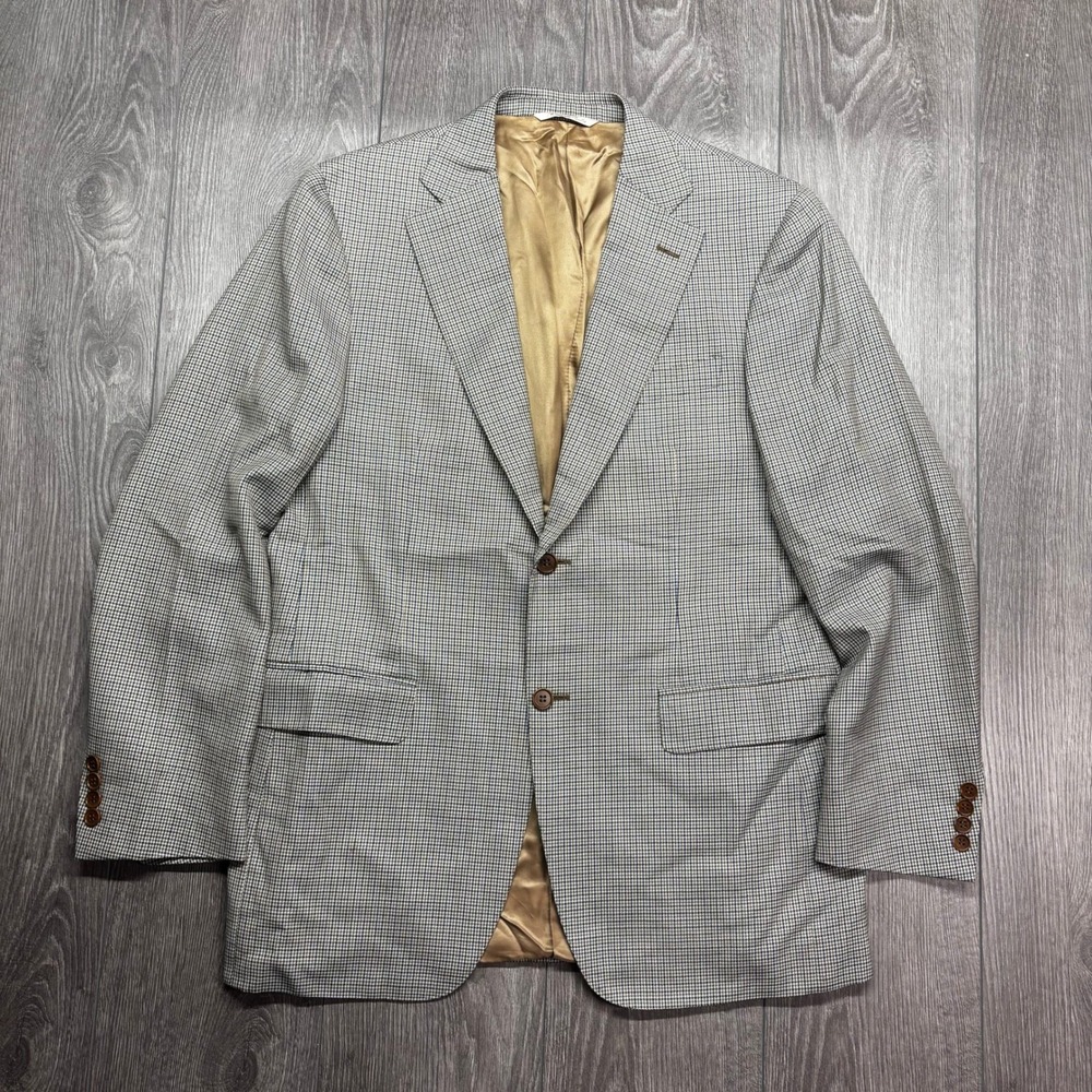 Canali Mens Wool Houndstooth Sport Coat Blazer Blue Tan Made in Italy Size 52 R